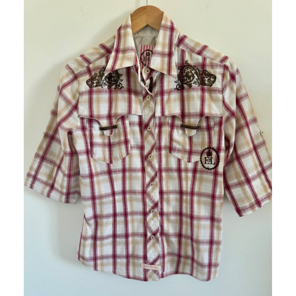 English Laundry Women’s Size Med Western Blouse Cowgirl Pink Plaid Rodeo Summer